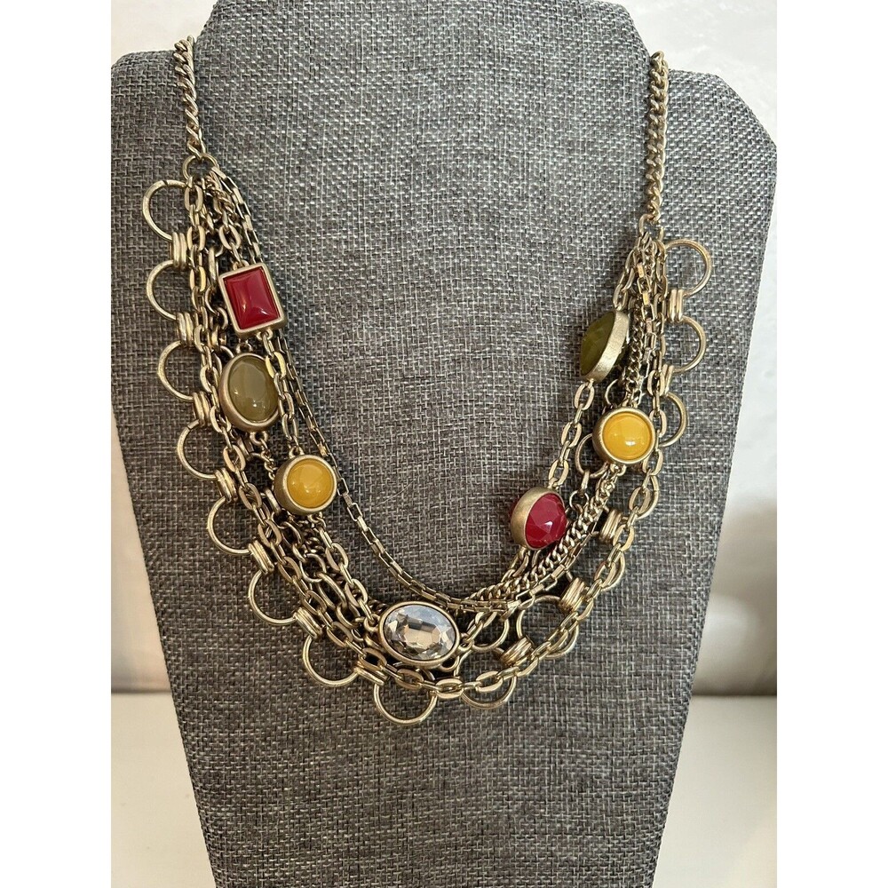 Loft Multi Layered Faceted Crystal Bead Gold Tone Chains Necklace 20-22 Inches